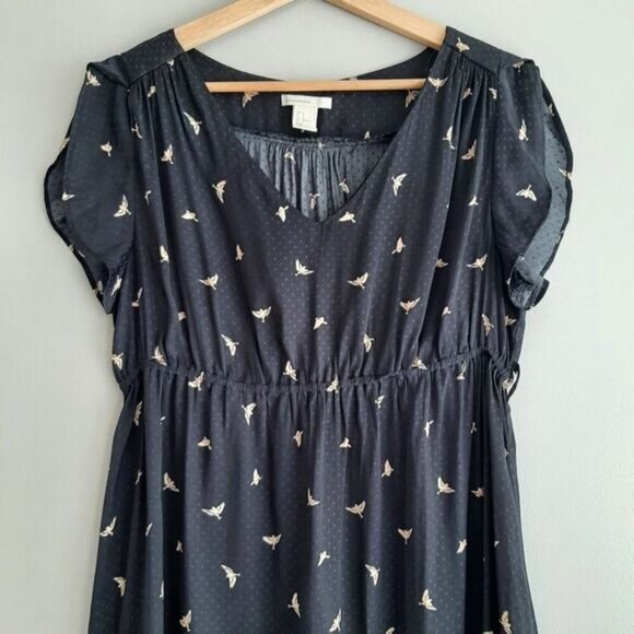 H&M MAMA Maternity Frilled-Sleeve Bird Print Navy Light Dress Sz M - Picture 4 of 13